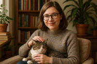nerdy white woman with cat