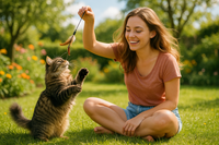 young white woman playing with cat outside